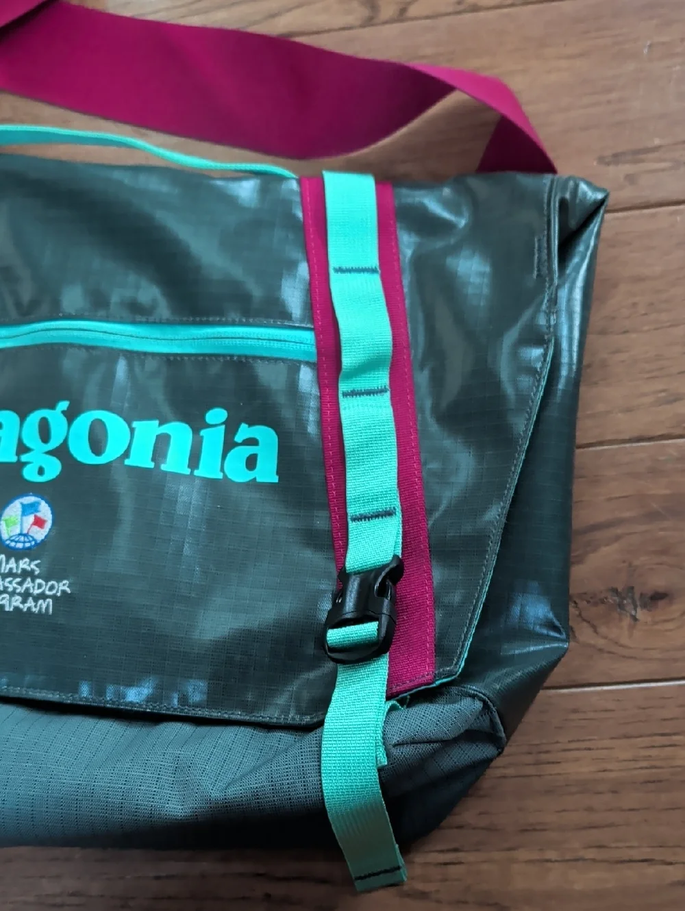 Patagonia Black Hole Mini 12L Teal Messenger Bag with Fuchsia Straps